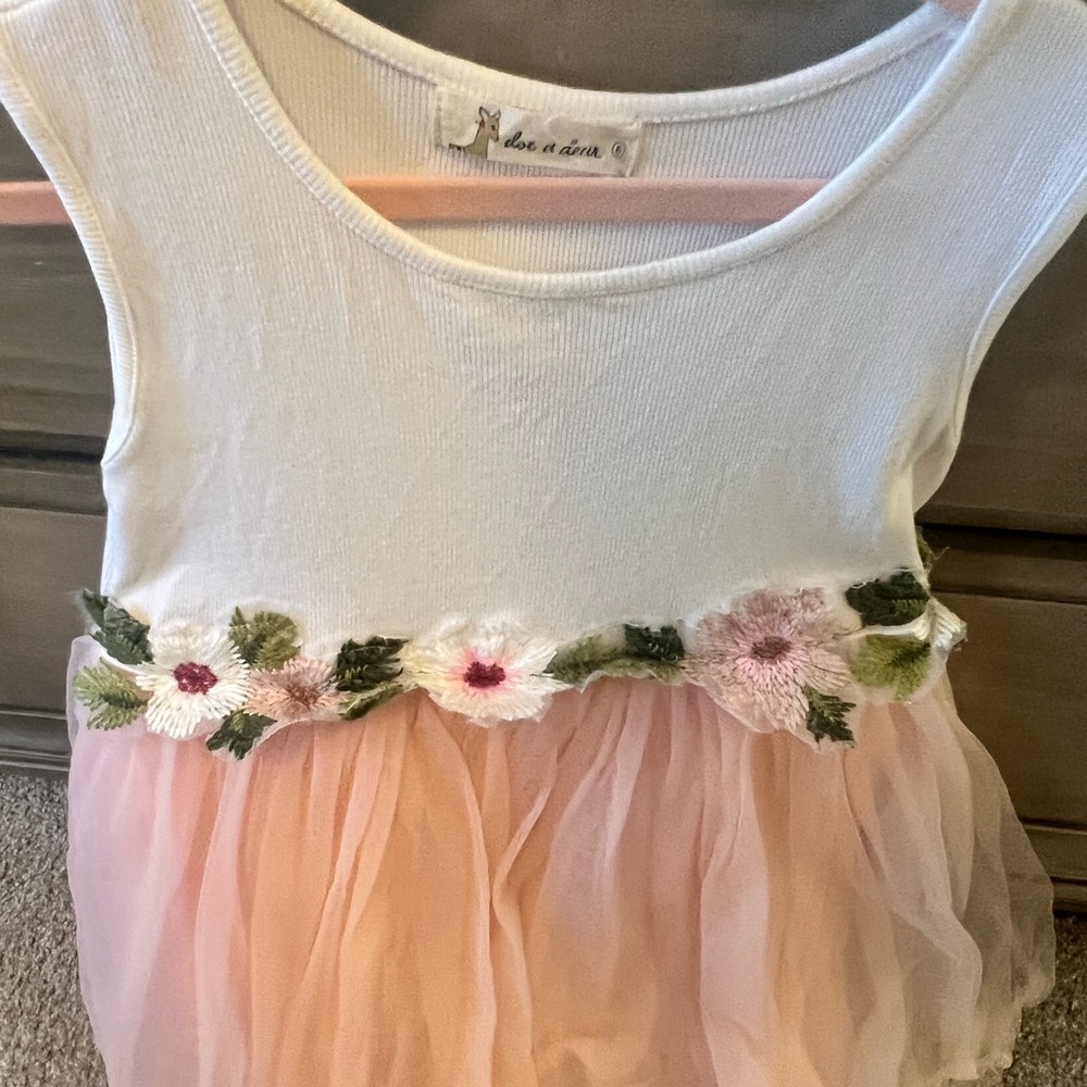 White Knit Top Pink Tulle Dress with Floral Trim